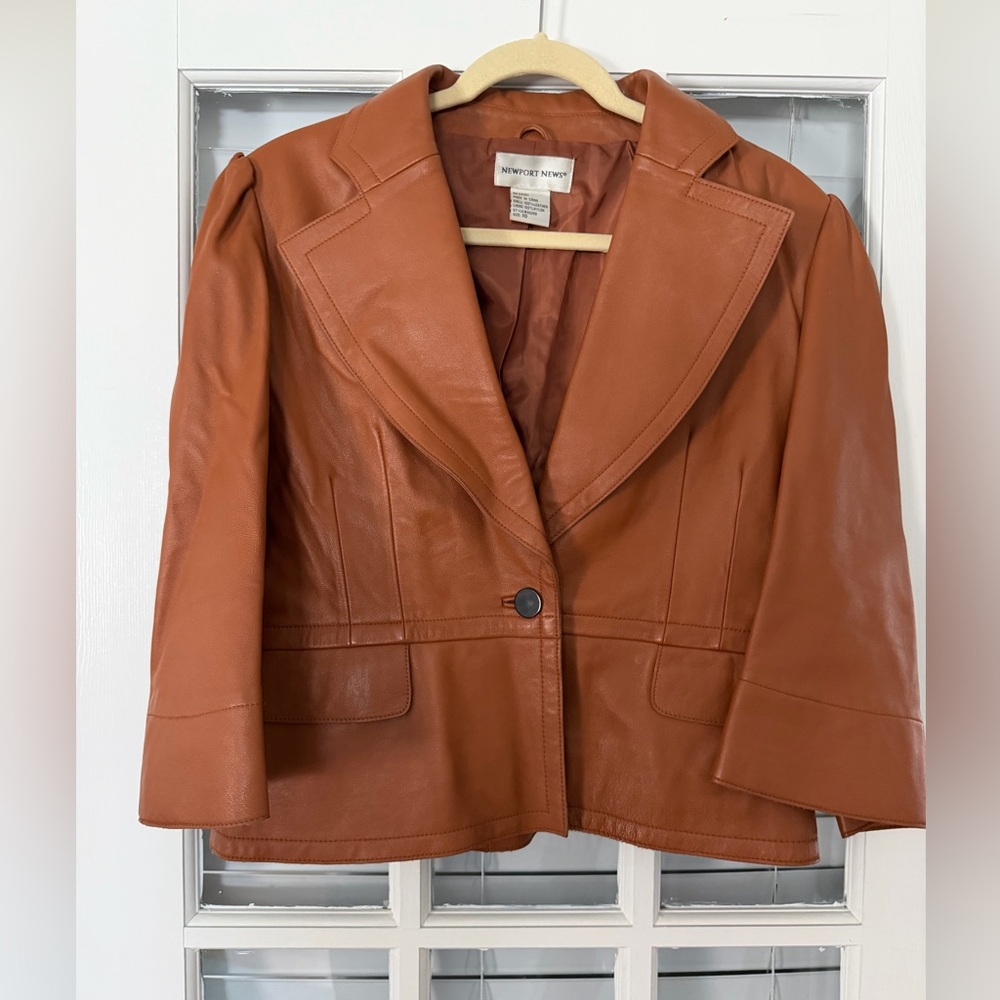 Newport News Women’s 10 Leather Caramel 3/4 Wide‎ Flare Sleeve Blazer | SKU 0134